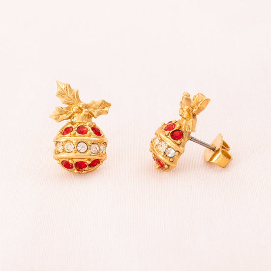 Avon-Ohrringe-vergoldete-Weihnachtskugel-Ohrstecker-rot-weiße-Kristalle