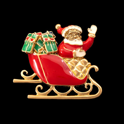 AVON-Schmuckset-Weihnachtsmann-im-Schlitten-Brosche-grüne-Geschenke-Ohrringe