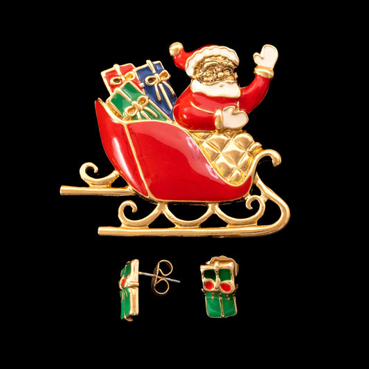 AVON-Schmuckset-Weihnachtsmann-im-Schlitten-Brosche-grüne-Geschenke-Ohrringe