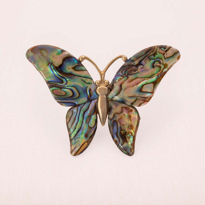 Schmetterling-Brosche-vergoldet-Perlmutt-mehrfarbig