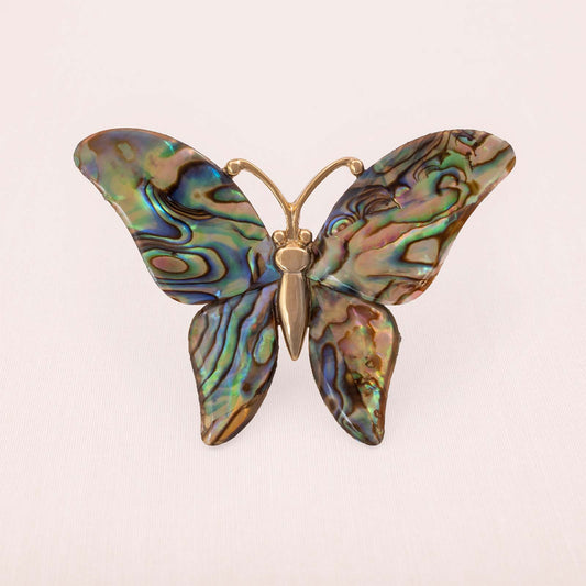Schmetterling-Brosche-vergoldet-Perlmutt-mehrfarbig