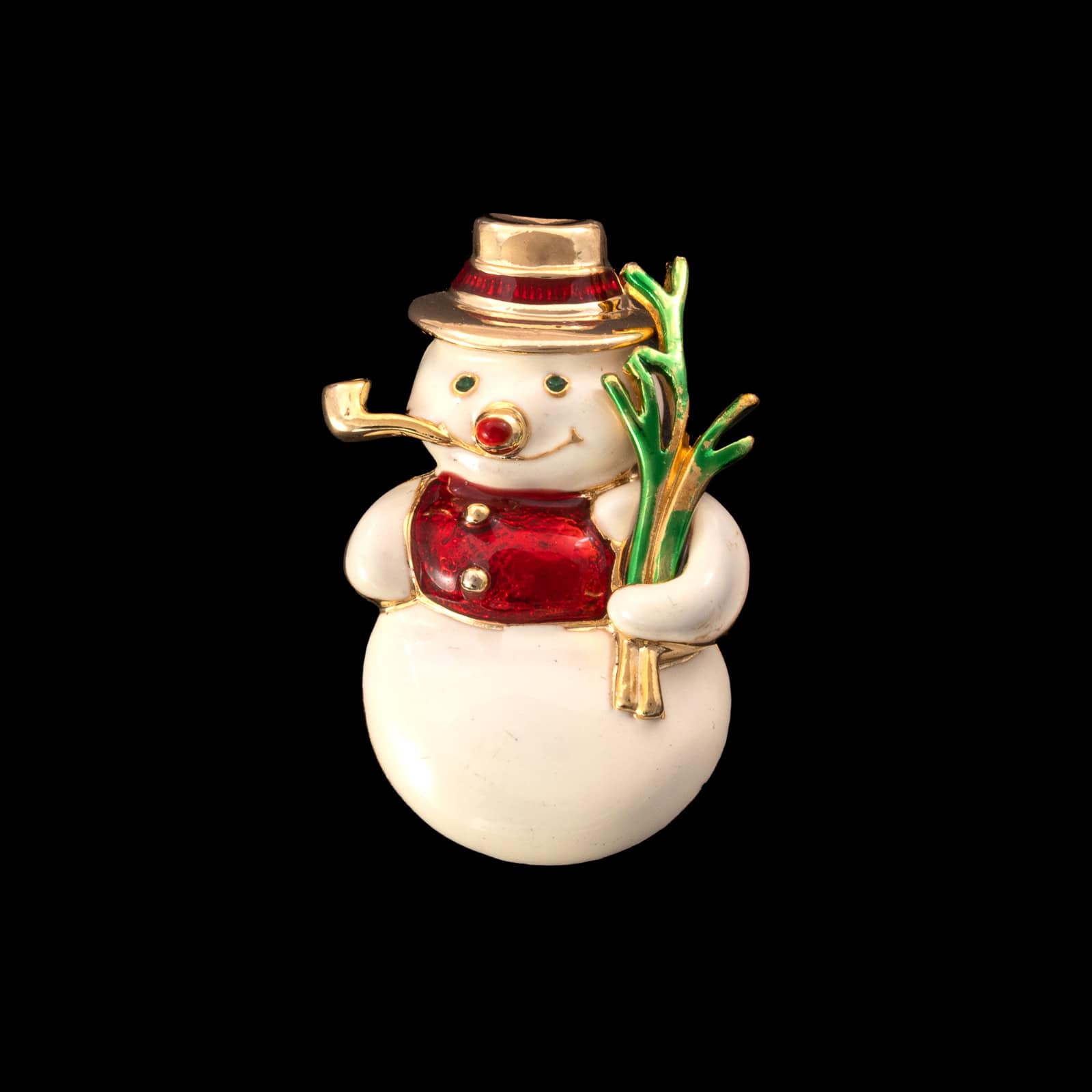 Schneemann-Brosche-vergoldet-Emaille-weiß-rot-grün