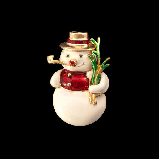 Schneemann-Brosche-vergoldet-Emaille-weiß-rot-grün