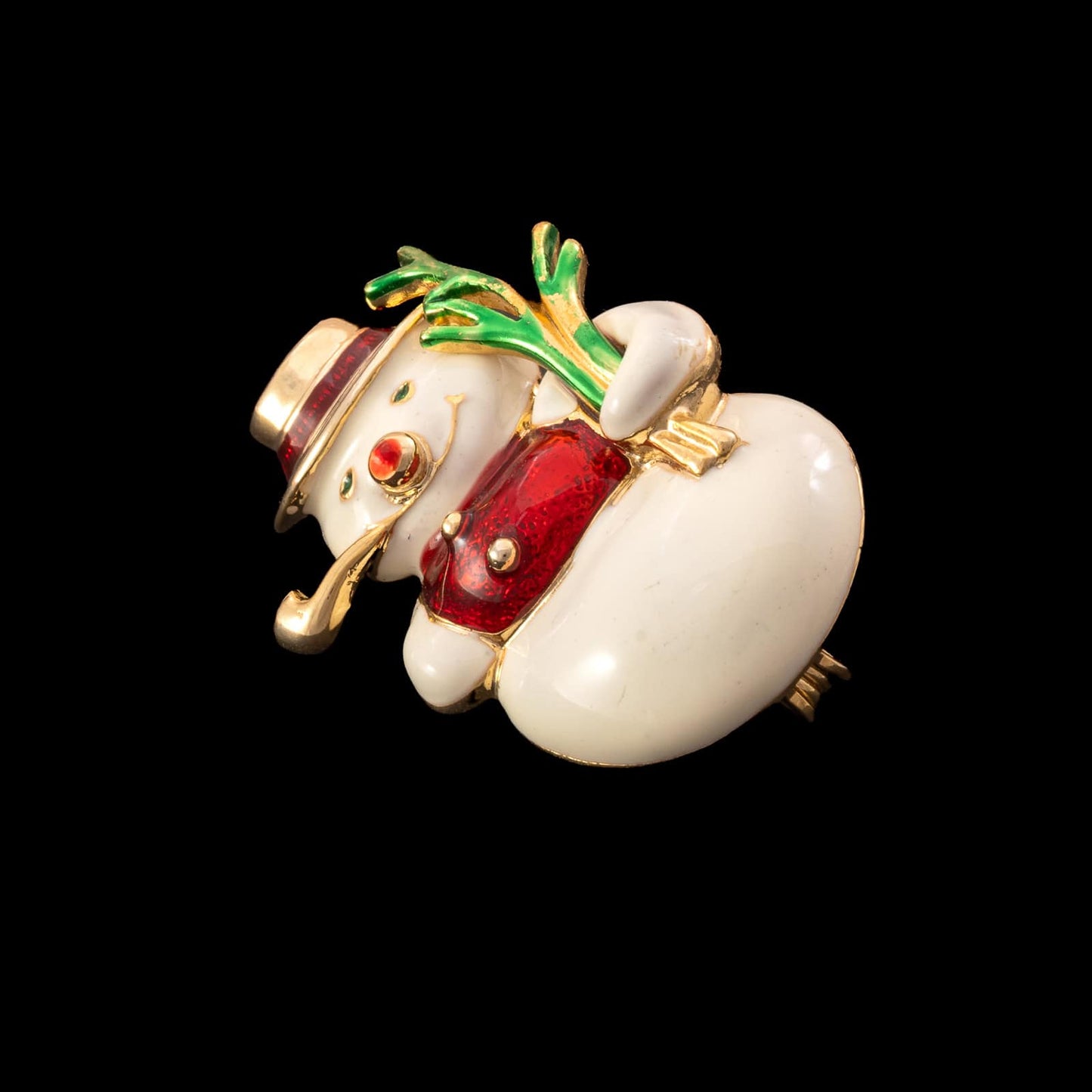 Schneemann-Brosche-vergoldet-Emaille-weiß-rot-grün