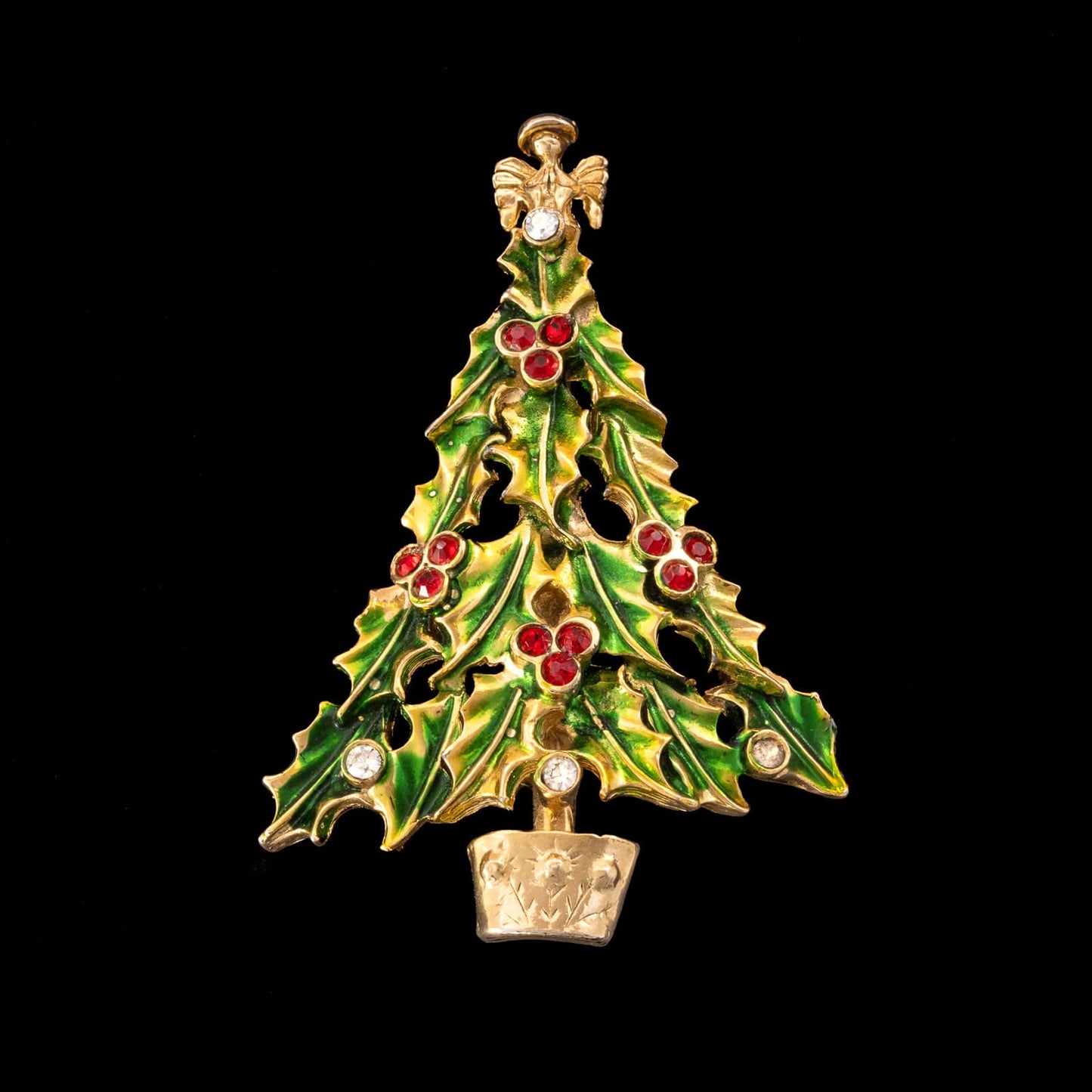 Brosche-Weihnachtsbaum-Engel-Stechpalme-grün-Strass-rot-weiß