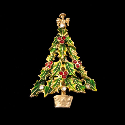 Brosche-Weihnachtsbaum-Engel-Stechpalme-grün-Strass-rot-weiß