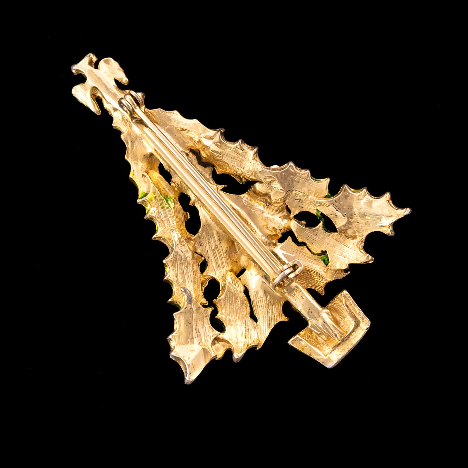 Brosche-Weihnachtsbaum-Engel-Stechpalme-vergoldete-Rücksete