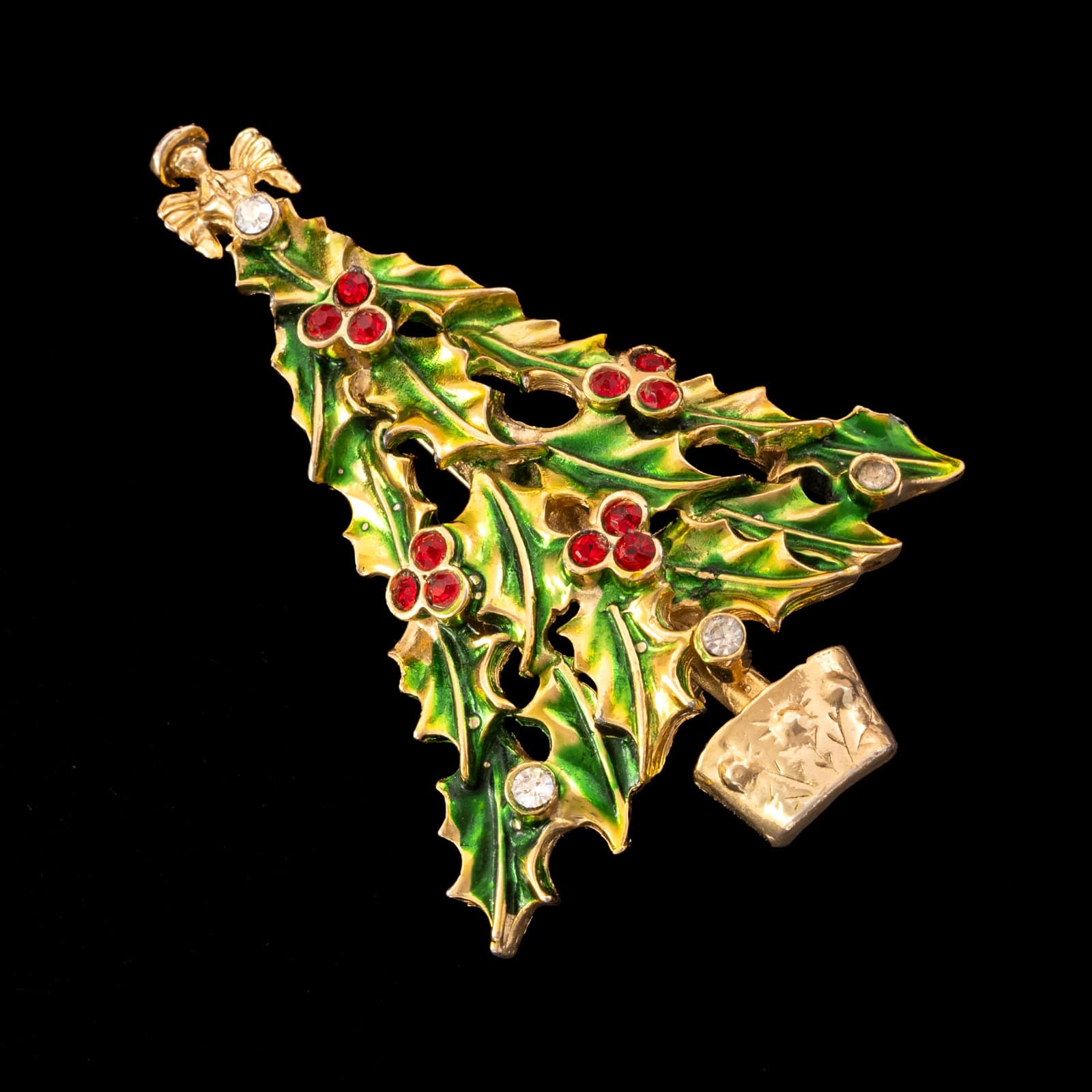 Brosche-Weihnachtsbaum-Engel-Stechpalme-grün-Strass-rot-weiß