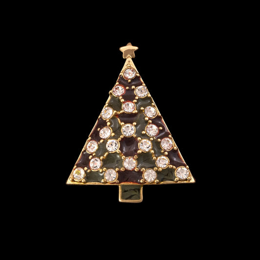 Brosche-Weihnachtsbaum-geometrisch-vergoldet-Emaille-dunkelgrün-dunkerot-Strass