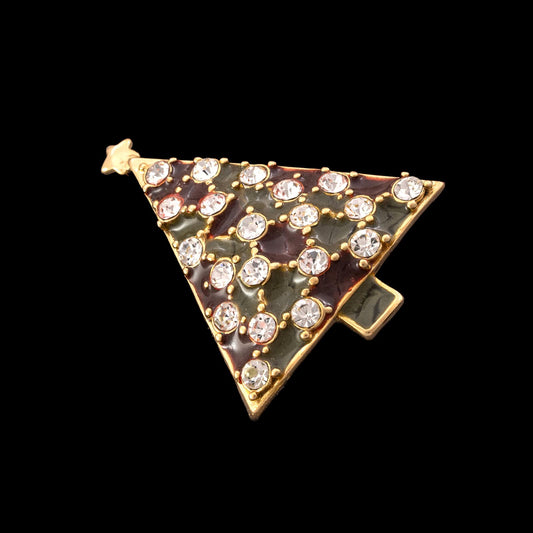 Brosche-Weihnachtsbaum-geometrisch-vergoldet-Emaille-dunkelgrün-dunkerot-Strass