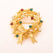 Vintage Weihnachtskranz Brosche vergoldet Strass Rot Grün