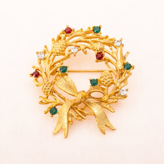 Weihnachtskranz-Brosche-vergoldet-Schleife-Strass-rot-grün-weiß