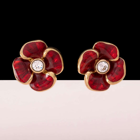 Christian-Dior-Blumen-Ohrclips-rote-Emaille-Kristall