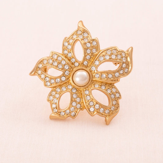 Christian-Dior-Brosche-vergoldete-Blume-Kristalle-Perle