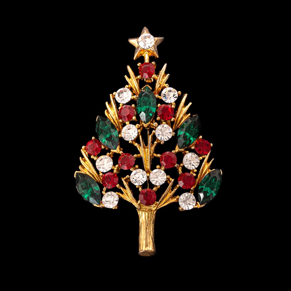 Eisenberg-Ice-Weihnachtsbaum-Brosche-vergoldet-grüne-Navettesteine-rote-weiße-Kristalle
