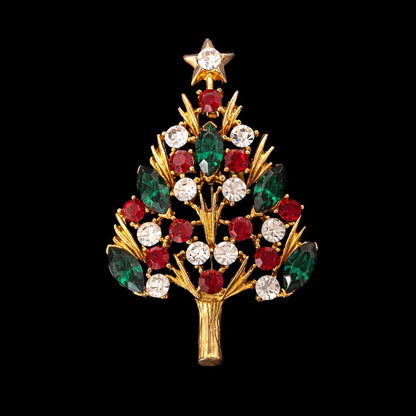 Eisenberg-Ice-Weihnachtsbaum-Brosche-vergoldet-grüne-Navettesteine-rote-weiße-Kristalle