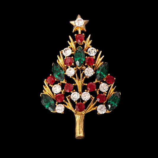 Eisenberg-Ice-Weihnachtsbaum-Brosche-vergoldet-grüne-Navettesteine-rote-weiße-Kristalle