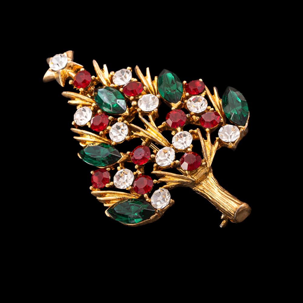 Eisenberg-Ice-Weihnachtsbaum-Brosche-vergoldet-grüne-Navettesteine-rote-weiße-Kristalle