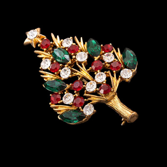 Eisenberg-Ice-Weihnachtsbaum-Brosche-vergoldet-grüne-Navettesteine-rote-weiße-Kristalle