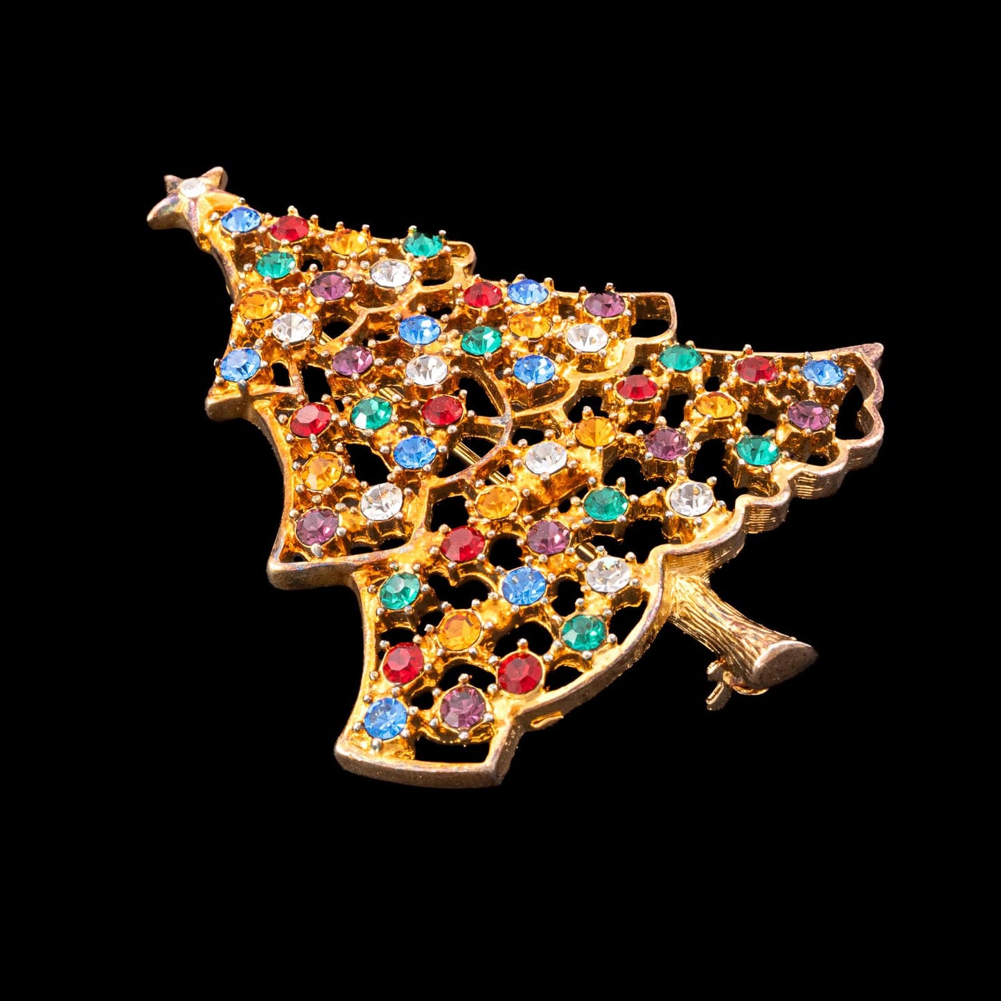 Eisenberg-Ice-Brosche-Weihnachtsbaum-goldfarben-durchbrochen-bunte-Strasssteine