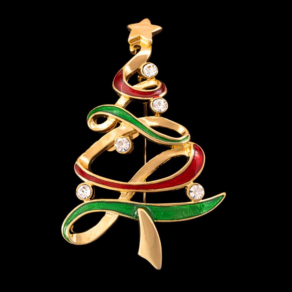 Eisenberg-Ice-Brosche-Weihnachtsbaum-vergoldet-geschwungenes-Band-rot-Grün-Strass