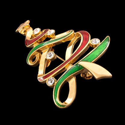 Eisenberg-Ice-Brosche-Weihnachtsbaum-vergoldet-geschwungenes-Band-rot-Grün-Strass