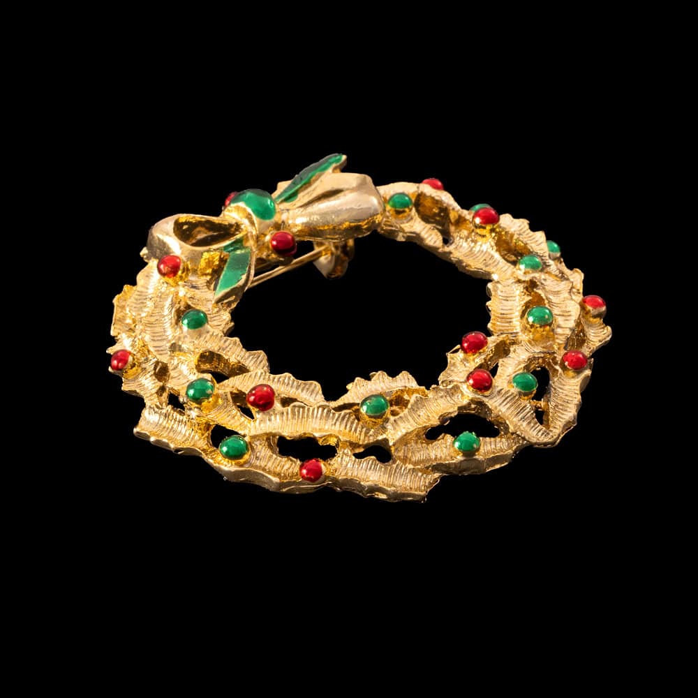 Gerrys-Weihnachtskranz-Brosche-vergoldet-grün-rot-verziert