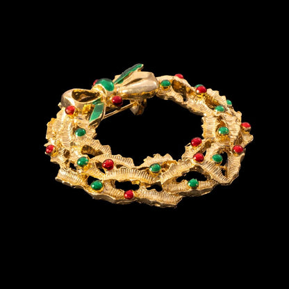 Gerrys-Weihnachtskranz-Brosche-vergoldet-grün-rot-verziert