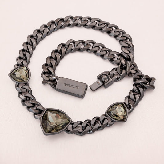 Givenchy-Halskette-klobig-cool-geschwärztes-Metall-graue-Kristalle-signiert