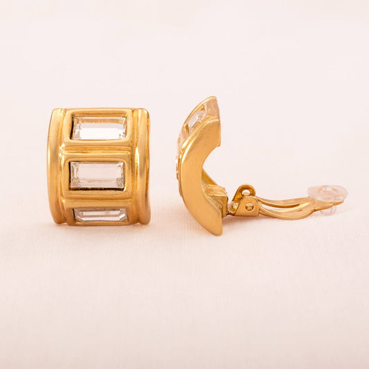 Givenchy-Paris-New-York-Ohrclips-vergoldet-geometrisch-große-Baguettesteine