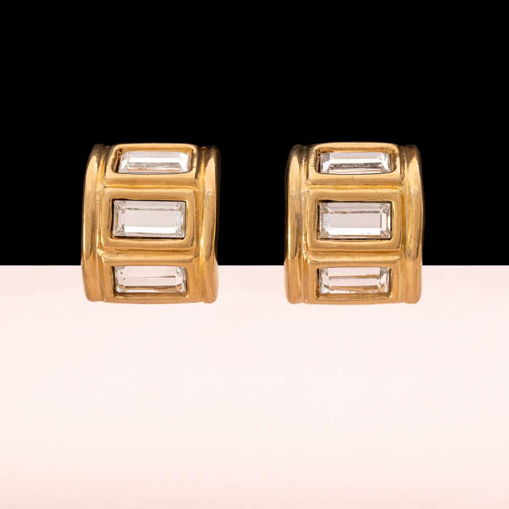 Givenchy-Paris-New-York-Ohrclips-vergoldet-geometrisch-große-Baguettesteine