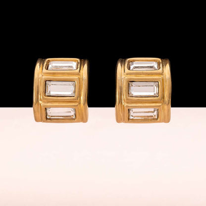 Givenchy-Paris-New-York-Ohrclips-vergoldet-geometrisch-große-Baguettesteine