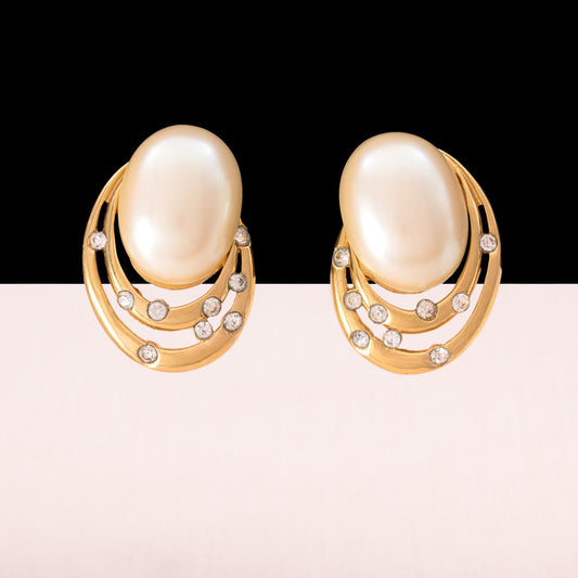 Givenchy-vergoldete-Ohrringe-ovale-Perle-kleine-Kristalle