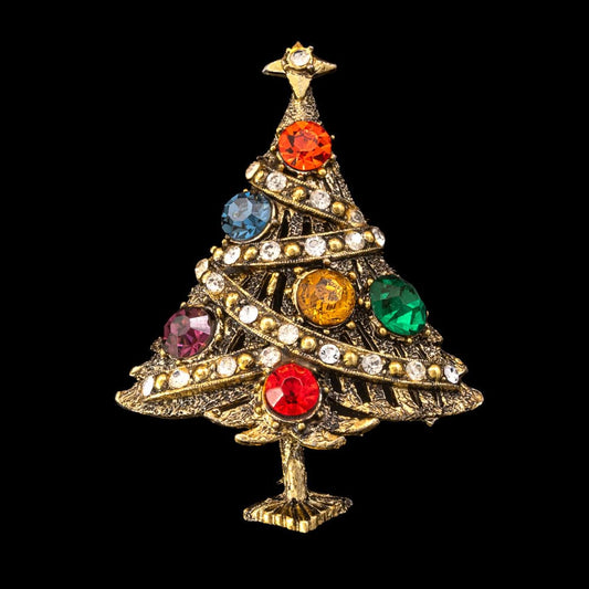 Hollycraft-Weihnachtsbaum-Brosche-bunte-große-Strasssteine-Kristallgirlande