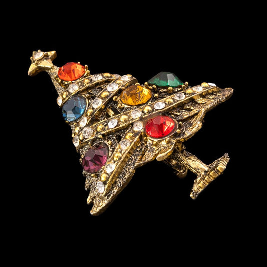 Hollycraft-Weihnachtsbaum-Brosche-bunte-große-Strasssteine-Kristallgirlande