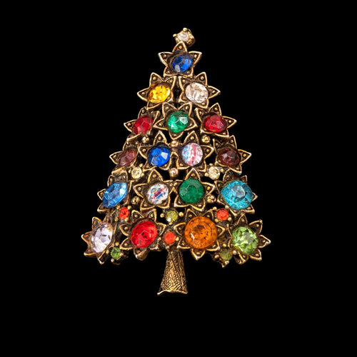 HOLLYCRAFT Weihnachtsbaum Brosche Messing mit bunten Strasssteinen