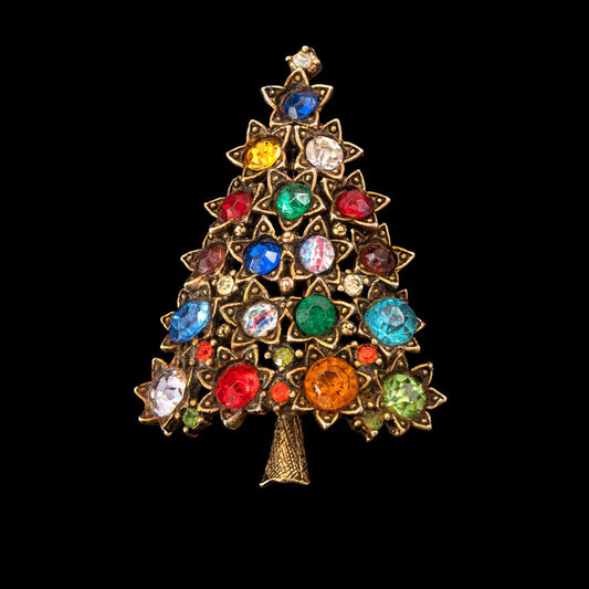 Hollycraft-Weihnachtsaum-Brosche-bunter-Strass-Sternenfassung