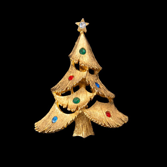 J.J.-Weihnachtsbaum-Brosche-vergoldet-bunte-Strasssteine