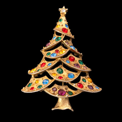 J.J-Weihnachtsbaum-Brosche-vergoldet-bunte-Strasssteine