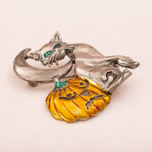 J.J.-Brosche-Halloween-silberfarbene-Katze-Mond-Kürbis