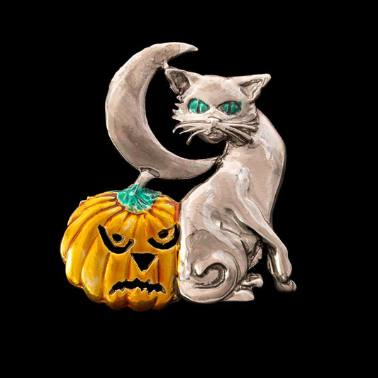 J.J.-Brosche-Halloween-silberfarbene-Katze-Mond-Kürbis