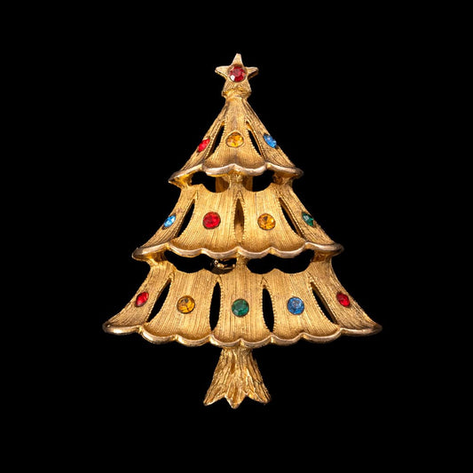 J.J.-Weihnachtsbaum-Brosche-vergoldet-bunte-Strasssteine