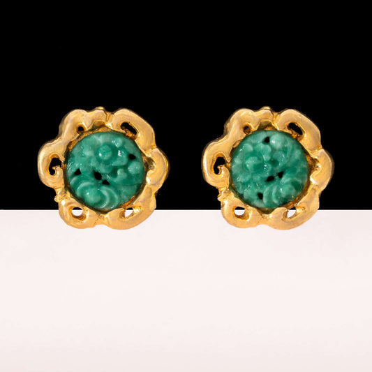 Kenneth-Lane-Ohrclips-grünes-Blumenornament-vergoldeter-verschnörkelter-Rand