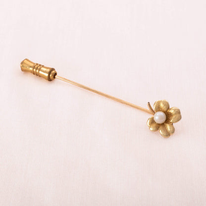 Krementz-Nadelpin-Brosche-vergoldet-mit-Blume-und-Perle