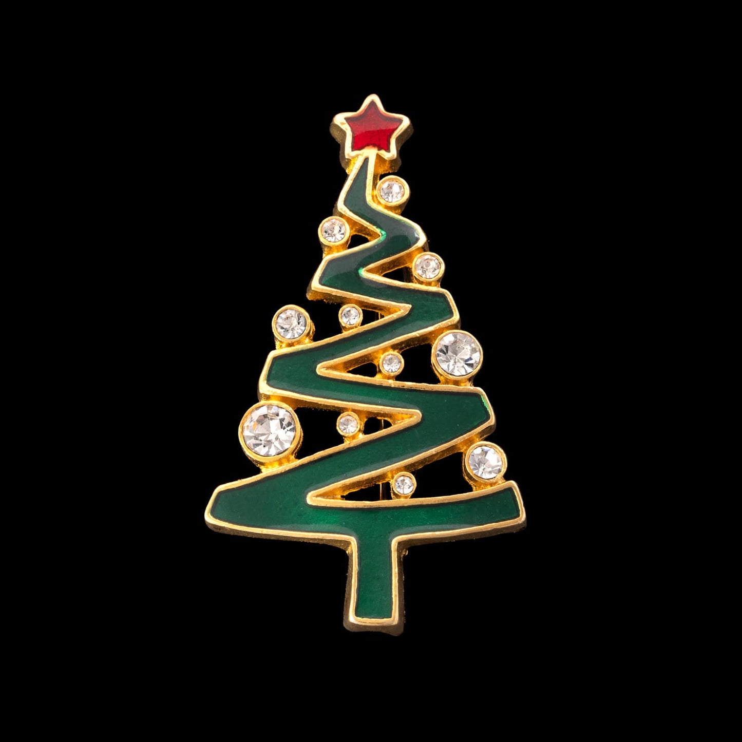 Lia-Brosche-Weihnachtsbaum-gradlinig-Emaille-grün-rot-Strasssteine