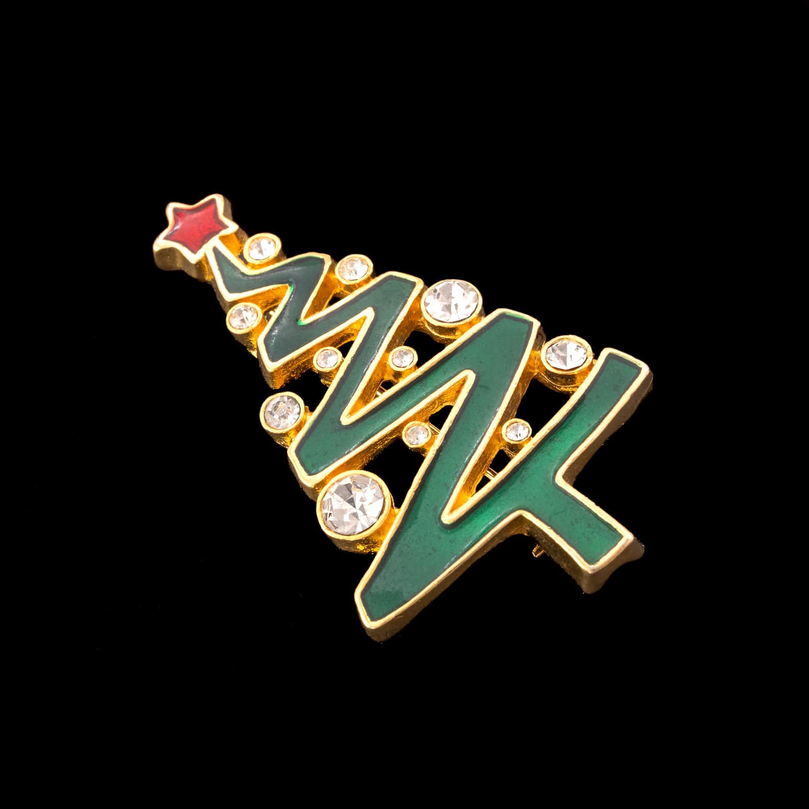 Lia-Brosche-Weihnachtsbaum-gradlinig-Emaille-grün-rot-Strasssteine