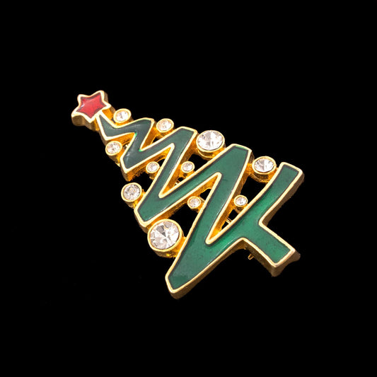 Lia-Brosche-Weihnachtsbaum-gradlinig-Emaille-grün-rot-Strasssteine