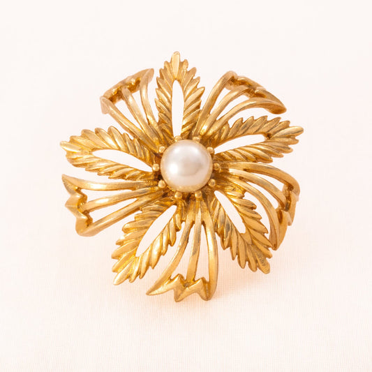Lisner-Brosche-Blume-vergoldet-Perle