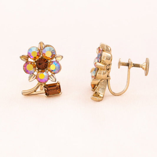 Lisner-Ohrclips-Schrauben-goldfarben-Blumen-Aurora-Borealis-Strass-braun