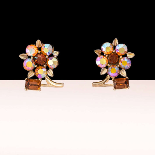 Lisner-Ohrclips-Schrauben-goldfarben-Blumen-Aurora-Borealis-Strass-braun